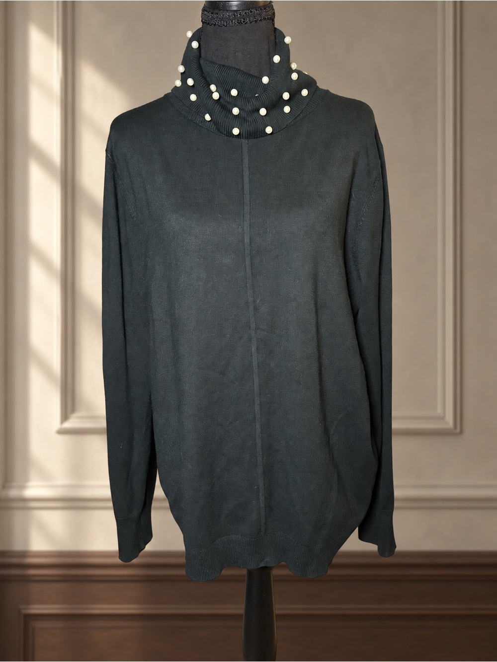 Karl Lagerfeld Paris Green Pearl Embellished Turtleneck Sweater Large